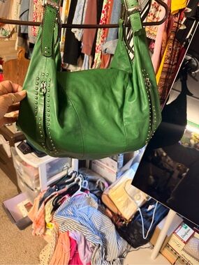 b. makowsky Green Studded Leather Hobo Shoulder Bag